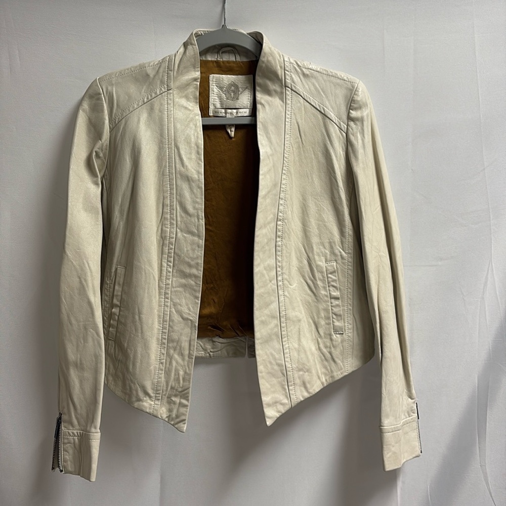 Burning Torch 100% Leather Cropped Bomber Jacket Cream Size Petite (XS)